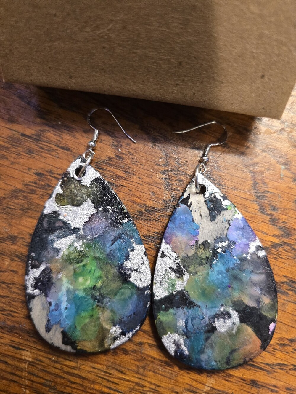 HAMDCRAFTED Upcycled Wood Teardrop Earrings HANDPAINTED Dangle Pierced Ears